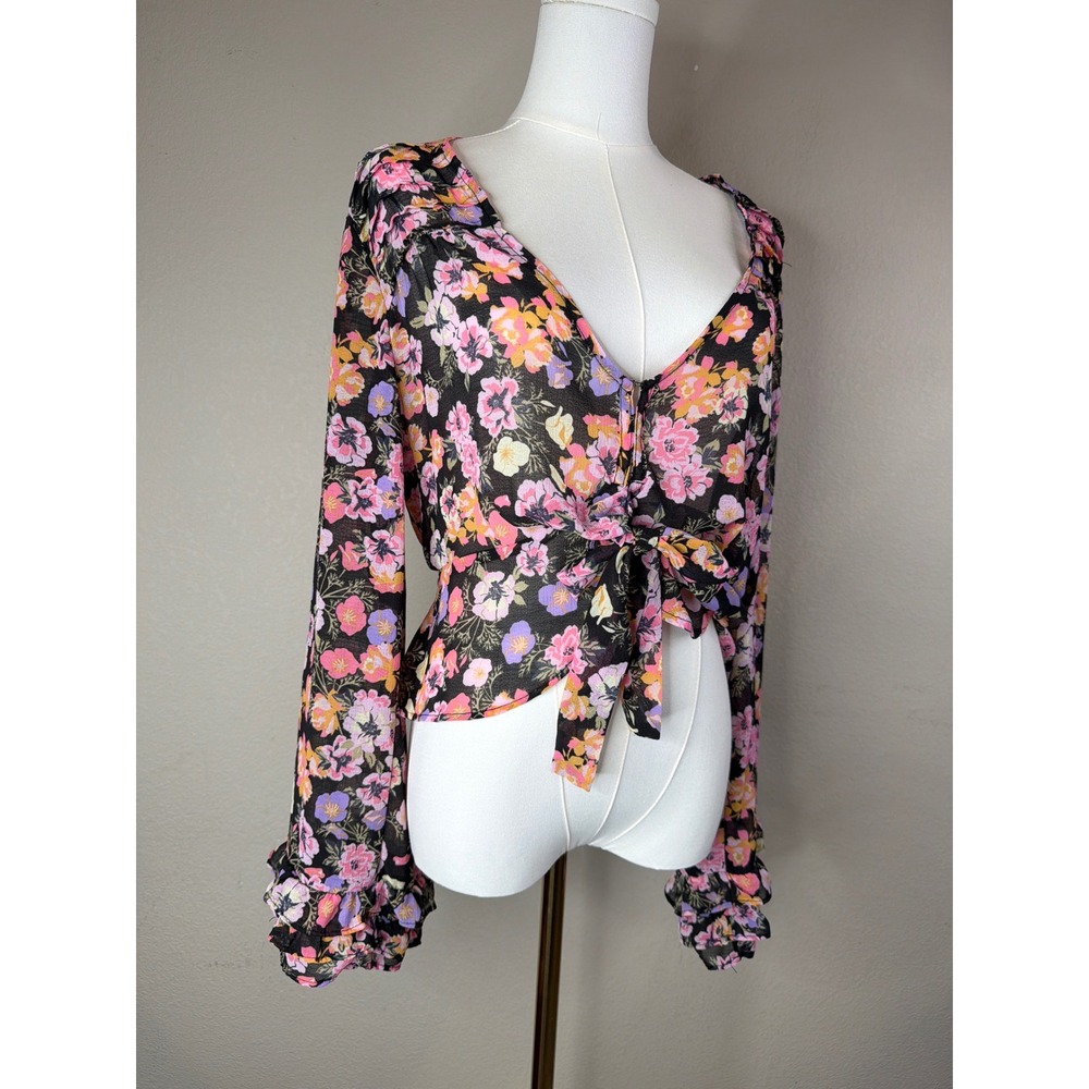 Free People Floral Tie Front Blouse Pink Purple Ruffle Sleeve V-Neck Top Small